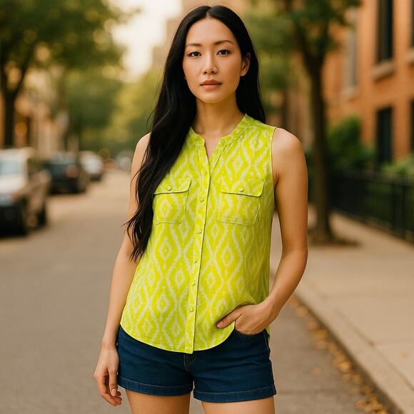 American Eagle Neon Green Sleeveless Button Front Semi Sheer Blouse Size Medium - Picture 12 of 12